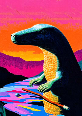 Dinosaur playing pool at sunset