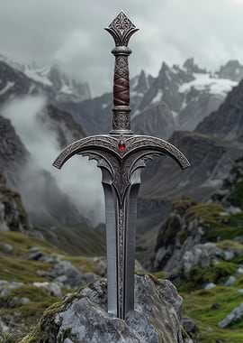 Fantasy Sword in Mountain Landscape