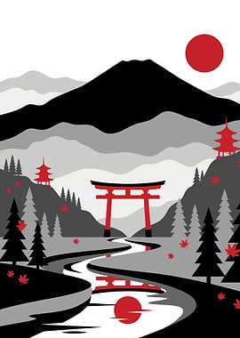 Japanese Landscape with Torii Gate and Mountain