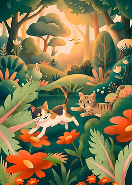 Cats playing in a forest