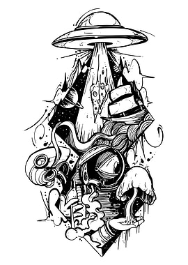 Black and White Alien Abduction Illustration