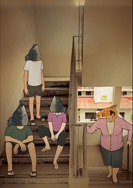 Fish-Headed People on Staircase