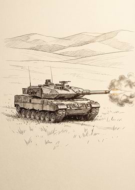 Tank firing in a field sketch