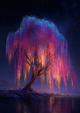 Magical Willow Tree at Night