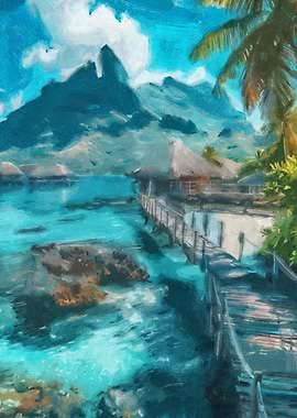 Tropical Overwater Bungalows – Lagoon Digital Painting Illustration
