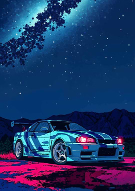 Nissan Skyline R34 under starry sky