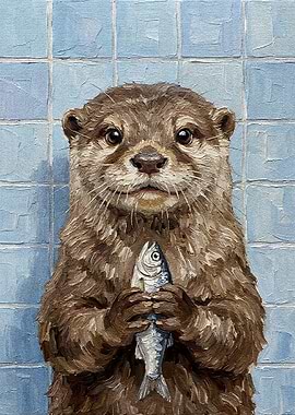 Otter with Fish Painting