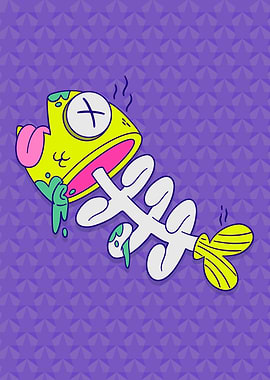 Cartoon Fish Skeleton on Purple Background