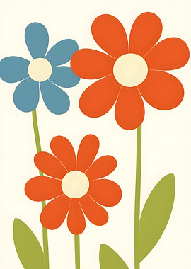 Retro Floral Illustration with Blue and Orange