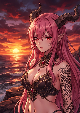 Anime Demon Girl at Sunset