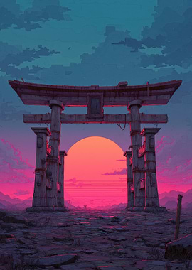 Pixel Art Torii Gate Sunset