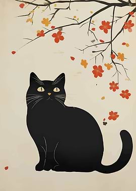 Black Cat with Blossoms Illustration