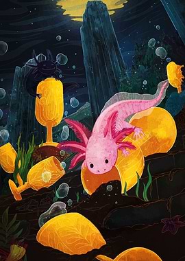 Axolotls in an underwater landscape