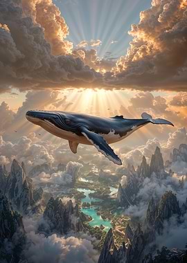 Whale Flying Over Mountainous Landscape