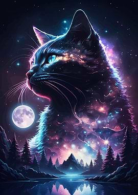 Cosmic Cat in Night Landscape