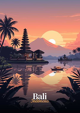 Bali Indonesia Sunset Landscape Illustration