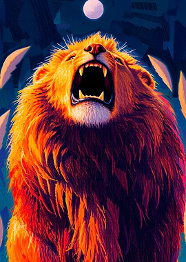 Roaring Lion Under Moonlight Digital Art