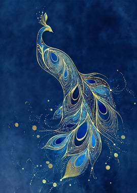 Elegant Peacock on Blue Background
