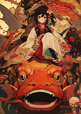 Anime Girl Riding Giant Koi Fish