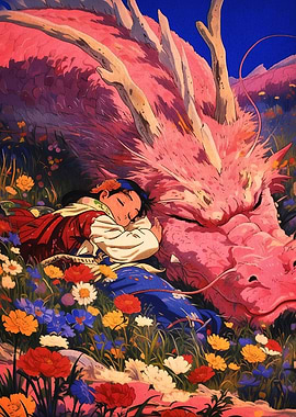 Sleeping girl with pink dragon in flowers