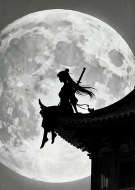 Silhouette of a Warrior Under Moonlight