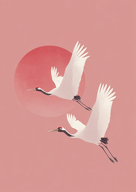 Cranes Flying Against a Pink Sky