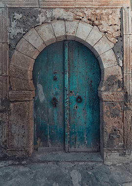 Old Turquoise Door with Stone Arch, Tunisia