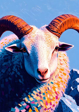 Colorful Ram Portrait with Mountain Backdrop