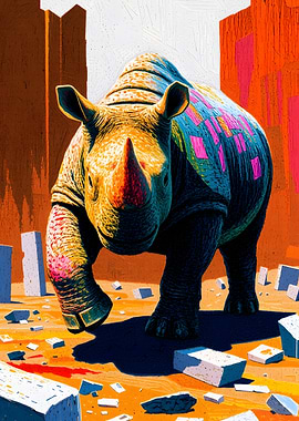 Colorful Rhino in Urban Landscape