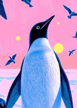 Penguin and Birds in Pink Sky