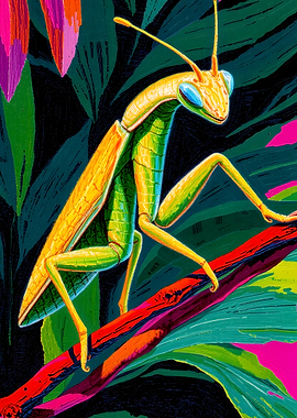 Praying Mantis on Branch Illustration