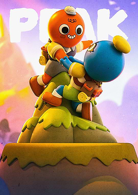 Cartoon Characters Climbing Mountain Peak