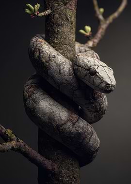 Snake Coiled Around Tree Branch