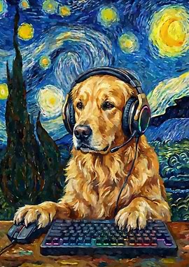 Golden Retriever Gamer Starry Night