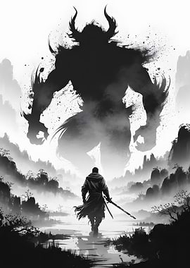 Warrior Facing a Giant Silhouette Ink Painting