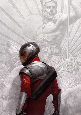 Sci-fi Warrior with Ancient Statue Backdrop