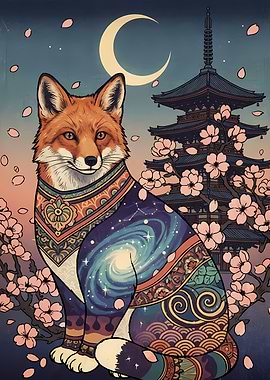 Fox with Japanese Pagoda and Moon