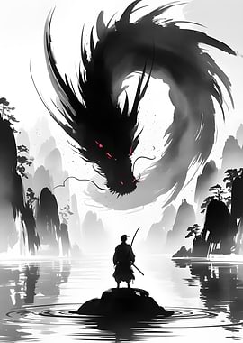 Samurai and Dragon Ink Painting