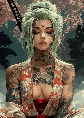 Tattooed Woman Meditating with Katana