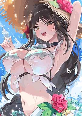 Anime Girl in Swimsuit with Straw Hat