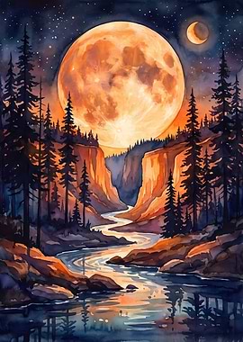 Watercolor Landscape with Moon and River