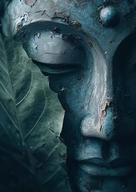 Stone Buddha Face with Leaf