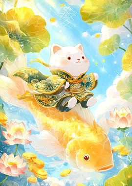 Cat riding a golden fish