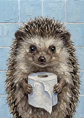 Hedgehog Holding Toilet Paper Roll Painting