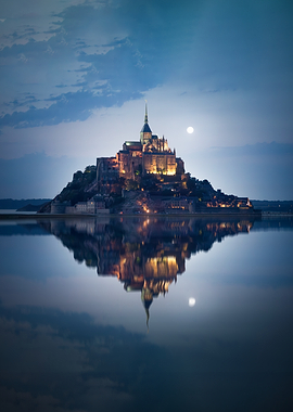 Mont Saint-Michel at Night Reflection