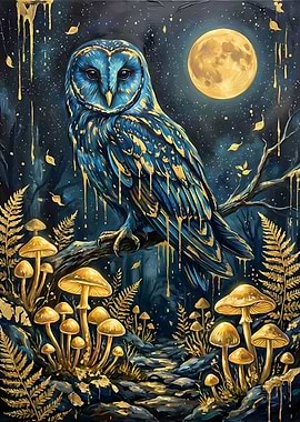 Blue and Gold Owl in Forest