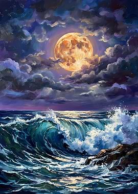 Moonlit Ocean Wave Painting