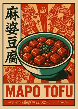 Mapo Tofu Chinese Food Poster, Asian Kitchen Wall Art, Red Dragon Graphic Print
