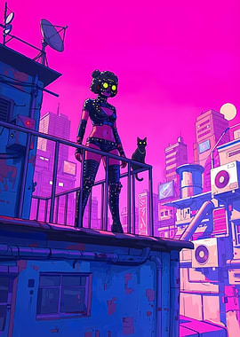 Cyberpunk Girl with Cat on Rooftop