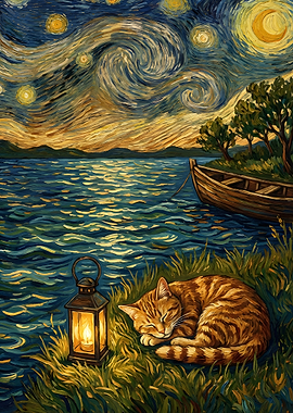 Starry Night Cat by the Lake
